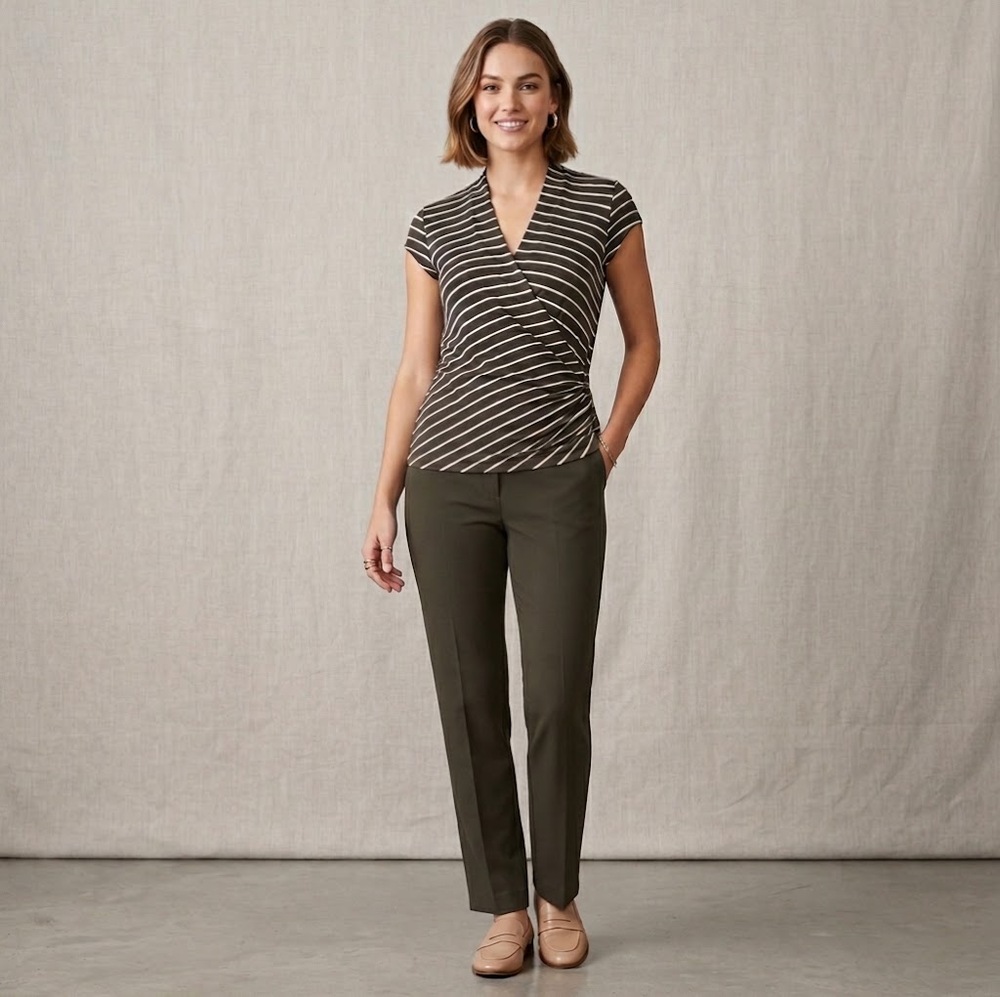 Bailey 44 Dark Olive Green Cream Striped Surplice Top Size L EUC e L